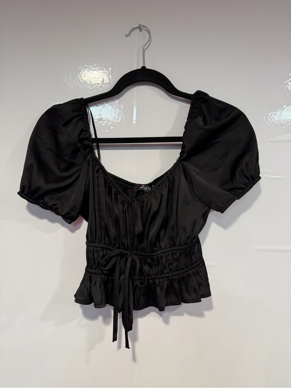Puff‎ Sleeve Mixed Threads Drawstring Peplum Top - Black